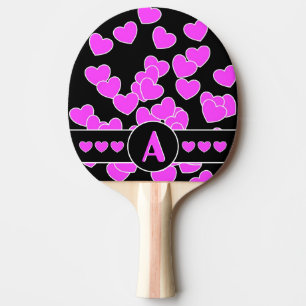 Striking Pink Hearts On Black, And Your Monogram Ping Pong Paddle