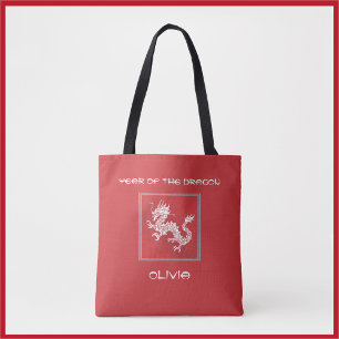 Striking Red and White Year of the Dragon Tote Bag