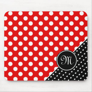 Striking Red, Black And White Polka Dots Monogram Mouse Mat