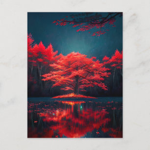 Striking Red Tree in the Nighttime Lake Postcard