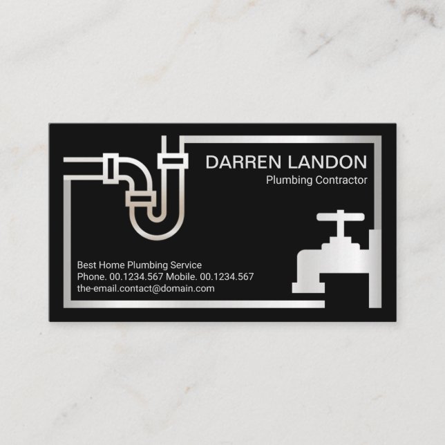 Striking Retro Silver Pipe Faucet Border Plumbing Business Card (Front)
