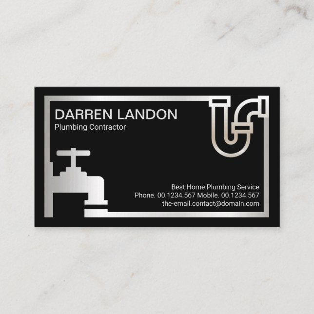 Striking Retro Silver Plumbing Icon Border Plumber Business Card (Front)