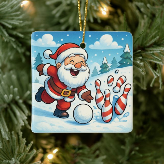 Striking Santa Bowling Candy Cane Lane Personalize Ceramic Ornament (Tree)