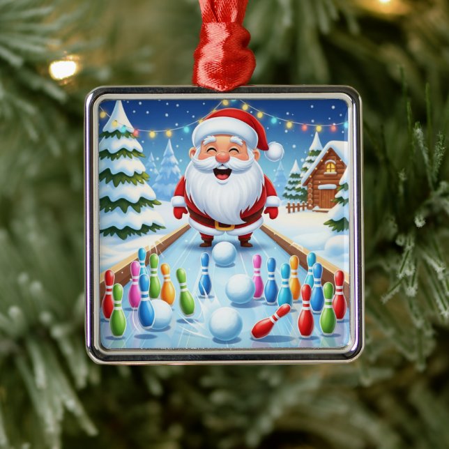 Striking Santa Bowling Candy Cane Lane Personalize Metal Tree Decoration (Tree)