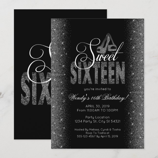 Striking Silver Glitter Sweet 16 Party Invitations (Front/Back)