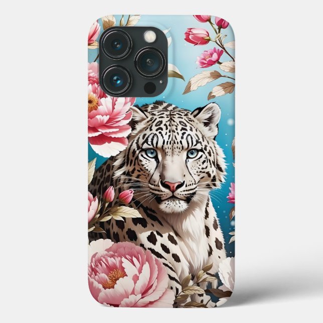Striking Snow Leopard Gaze and Pink Peonies Case-Mate iPhone Case (Back)