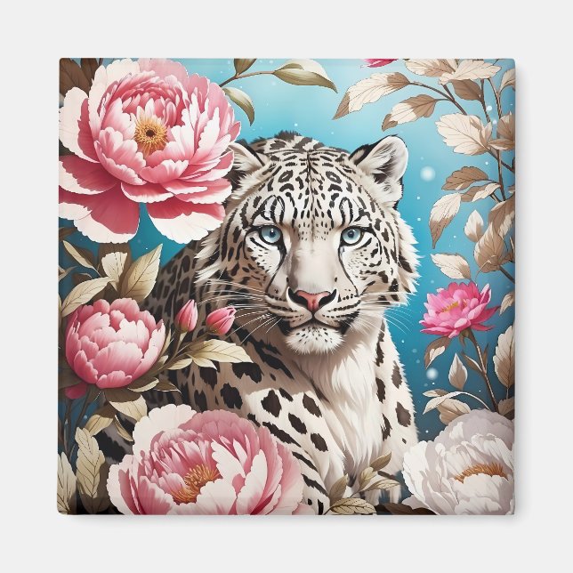 Striking Snow Leopard Gaze And Pink Peonies Magnet (Front)