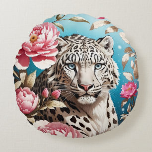 Striking Snow Leopard Gaze And Pink Peonies Round Cushion