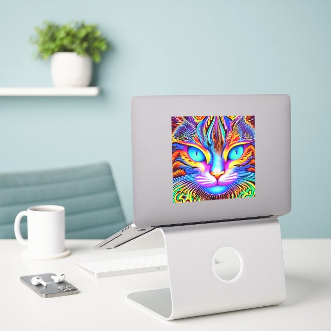 Striking Tea eyes Colourful Ai Generated Cat (Laptop On Desk)