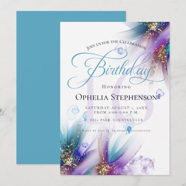 Striking Teal Amethyst Abstract Floral Birthday Invitation (Front/Back)