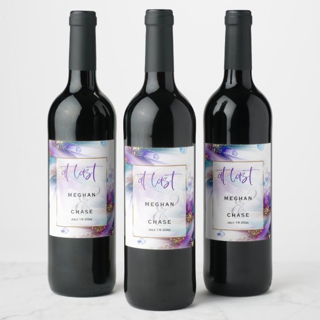 Striking Teal Purple Abstract Flower Wine Label (Bottles)
