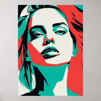 Striking Teal & Red Woman Portrait - Modern Graphi Poster