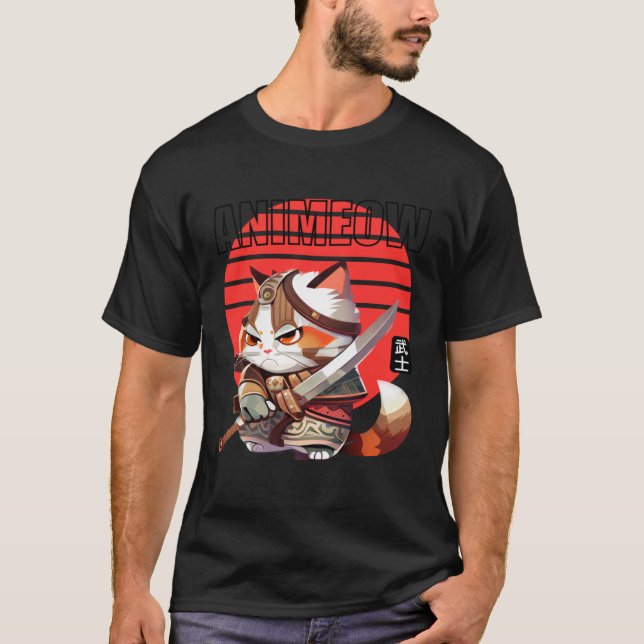 Striking Warrior Cat in Traditional Armour Red Sun T-Shirt (Front)