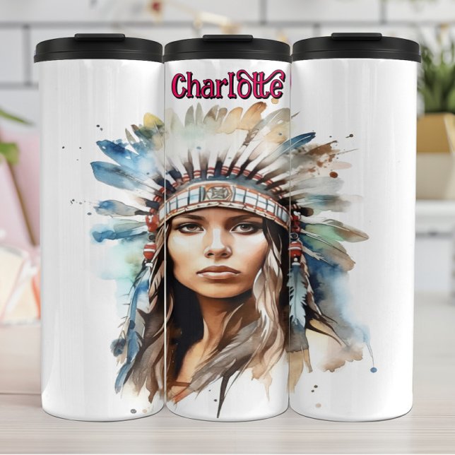 Striking Watercolor: Indigenous Woman Chief Headdr Thermal Tumbler (Creator Uploaded)