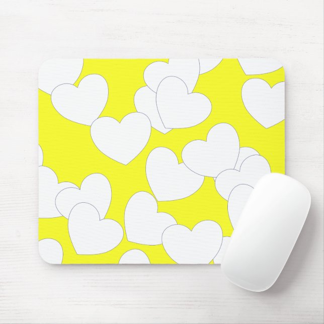 Striking Yellow Mousepad With Big White Hearts (With Mouse)