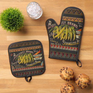 String Bean Label Vegetable Country Oven Mitt & Pot Holder Set