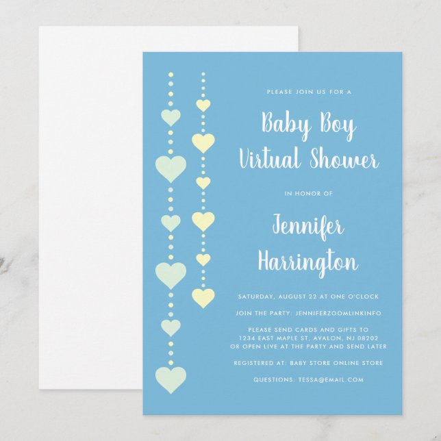 String Hearts Blue Yellow Mint Virtual Baby Shower Invitation (Front/Back)