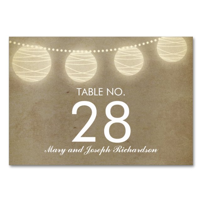 String Lanterns Wedding Table Number Card Place (Front)