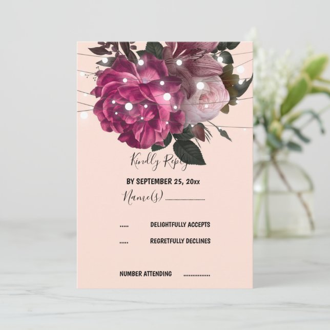 string light Burgundy flower RSVP Invitation (Standing Front)