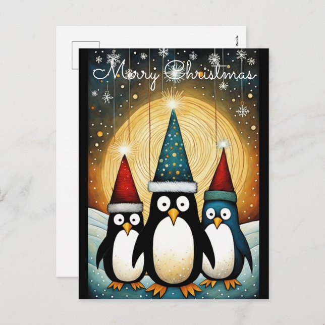 String Light Full Moon Santa Penguin Christmas  Holiday Postcard (Front/Back)
