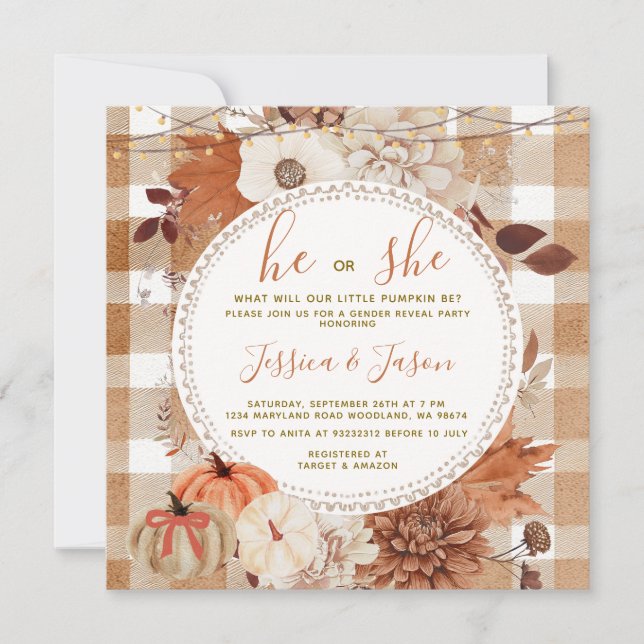 String Light Gingham Pumpkin Gender Reveal Party  Invitation (Front)