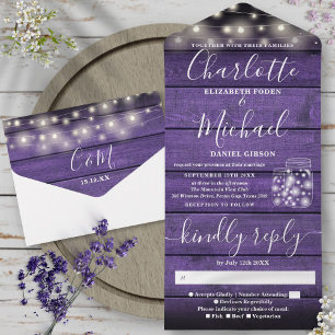 String Light Mason Jars Rustic Purple Wood Wedding All In One Invitation