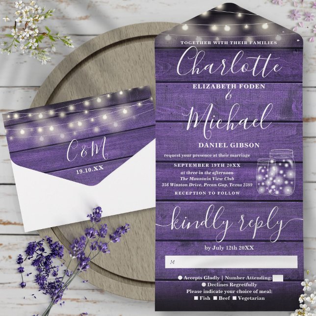 String Light Mason Jars Rustic Purple Wood Wedding All In One Invitation (String Light Mason Jars Rustic Purple Wood Wedding All In One Invitation)
