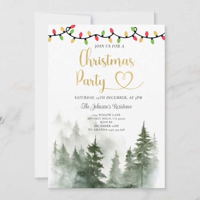 String Light Pine Trees Christmas Party Invitation (Front)