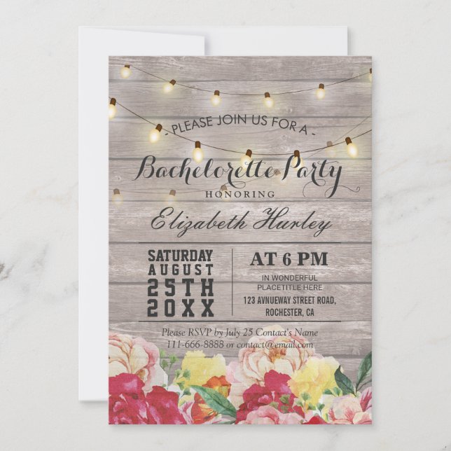 String Light Rustic Wood Floral Bachelorette Party Invitation (Front)