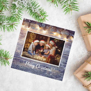 String Light Rustic Wood Photo  Holiday Card