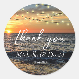 String Light Sunset Beach Wedding Classic Round Sticker