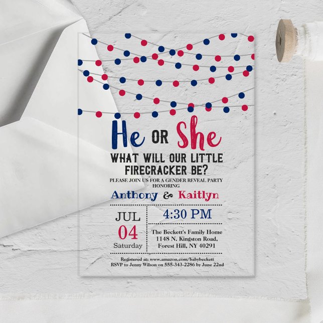 String Lights 4th Of July Gender Reveal Party Acrylic Invitations (Creator Uploaded)