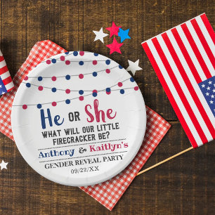 String Lights 4th Of July Gender Reveal Party Paper Plate