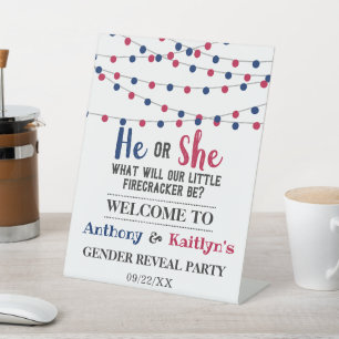 String Lights 4th Of July Gender Reveal Party Pedestal Sign