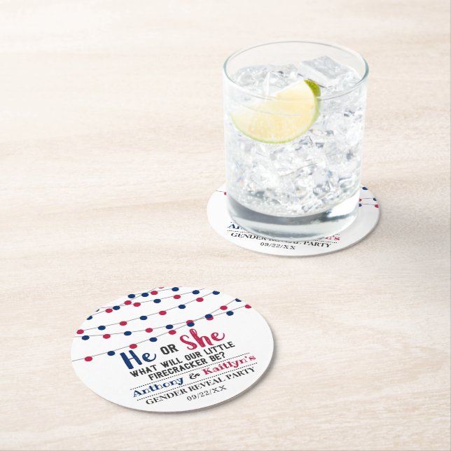 String Lights 4th Of July Gender Reveal Party Round Paper Coaster (Insitu)