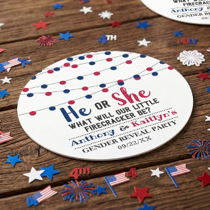String Lights 4th Of July Gender Reveal Party Round Paper Coaster