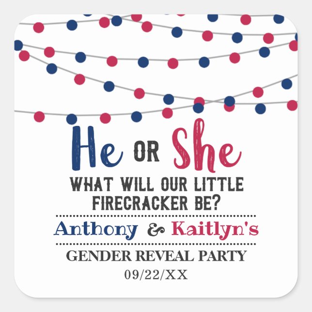 String Lights 4th Of July Gender Reveal Party Square Sticker (Front)