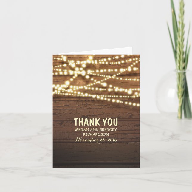 String Lights and Barn Wood Wedding Thank You Card (Front)