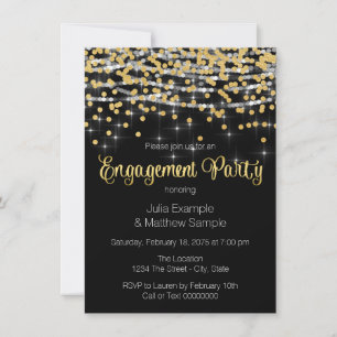 String Lights and Gold Confetti Engagement Party Invitation