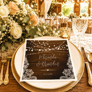 String Lights and Lace Rustic Wood Wedding Napkin