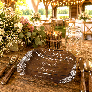 String Lights and Lace Rustic Wood Wedding Paper Plate