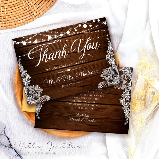 String Lights and Lace Rustic Wood Wedding Thank You Card (Creator Uploaded)