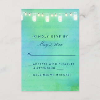 String lights and mason jars in blue green RSVP card