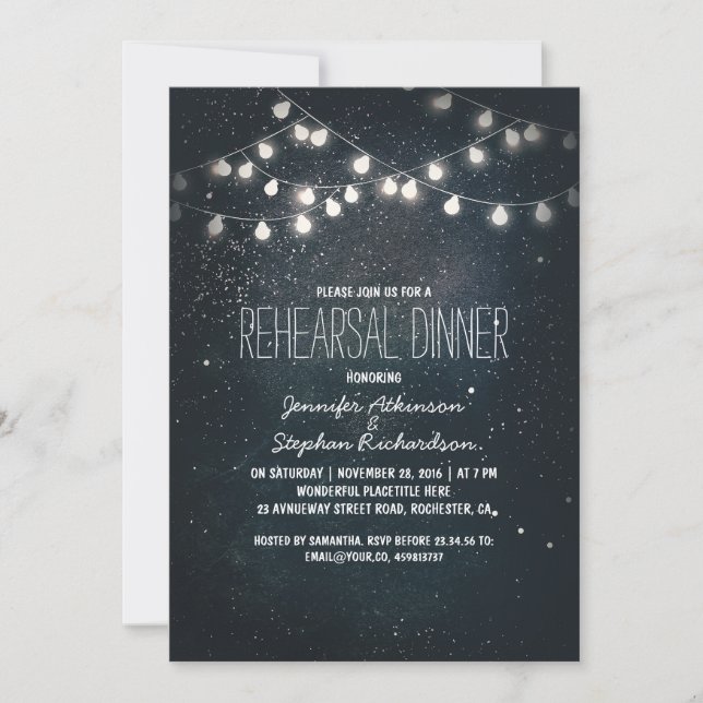 string lights and night sky stars rehearsal dinner invitation (Front)