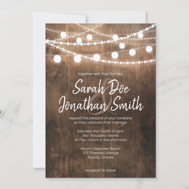 String Lights and Wood Wedding Invitation (Front)