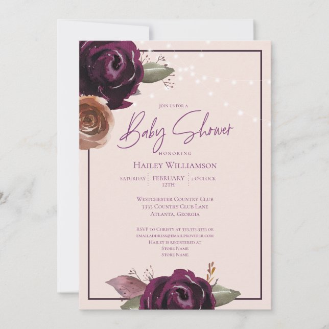 String Lights Baby Shower Pink Plum Purple Floral Invitation (Front)