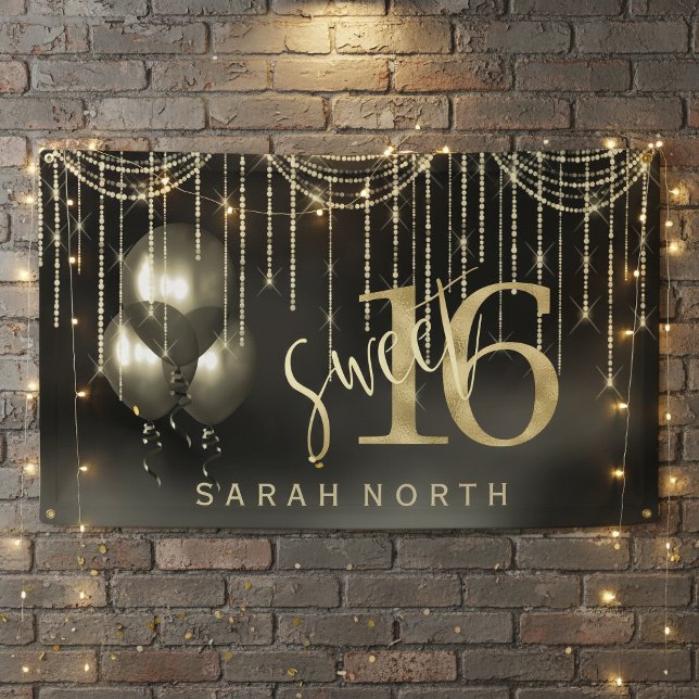 String Lights & Balloons Sweet 16 Black/Gold ID473 Banner (Creator Uploaded)