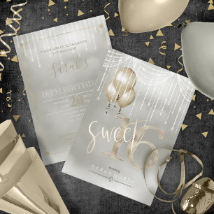 String Lights & Balloons Sweet 16 Champagne ID473 Invitation