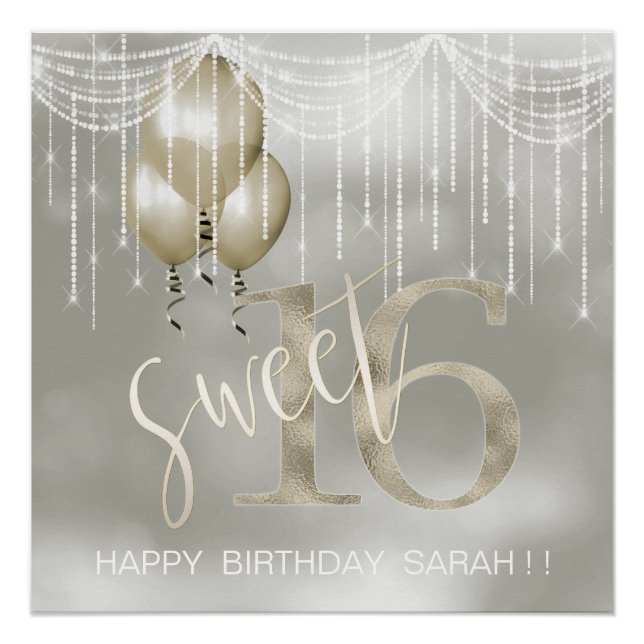 String Lights & Balloons Sweet 16 Champagne ID473 Poster (Front)