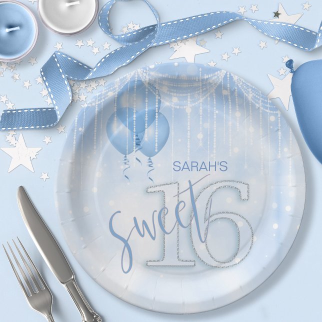 String Lights & Balloons Sweet 16 Lt. Blue ID473 Paper Plate (Creator Uploaded)